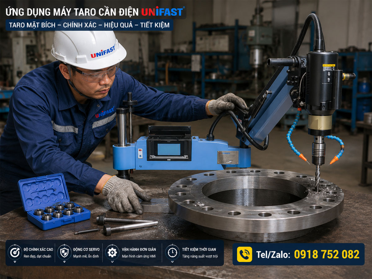 Ứng dụng máy taro cần điện Unifast ta rô mặt bích