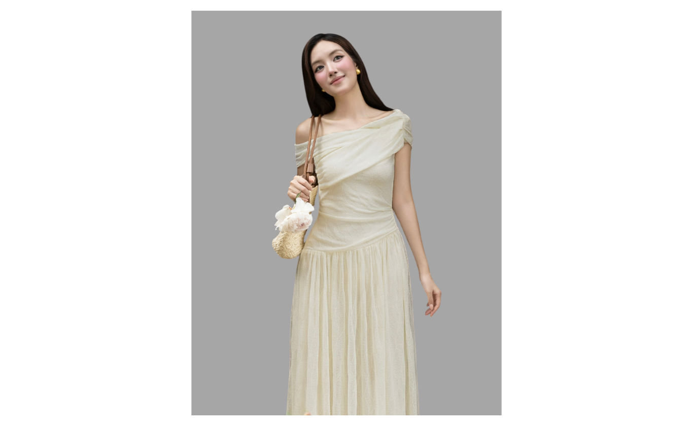 Đầm Tiệc Thun Ren Dài Cổ Xéo - DAG05T
