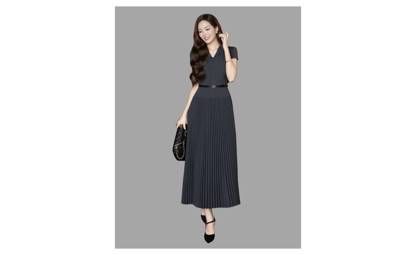 Đầm Xòe Công Sở Cotton Dài Cổ V - DAI23A