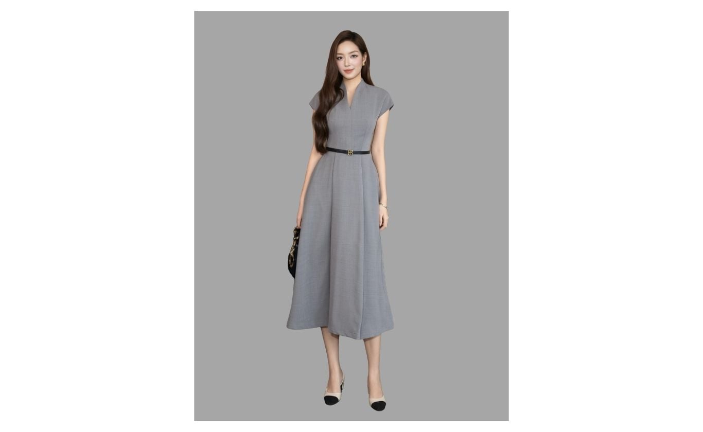 Đầm Xòe Công Sở Cotton Dài Cổ V - DAK23T