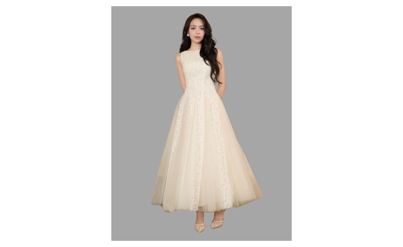 Đầm Xòe Tiệc Ren Dài Phối Lưới - DAK03B