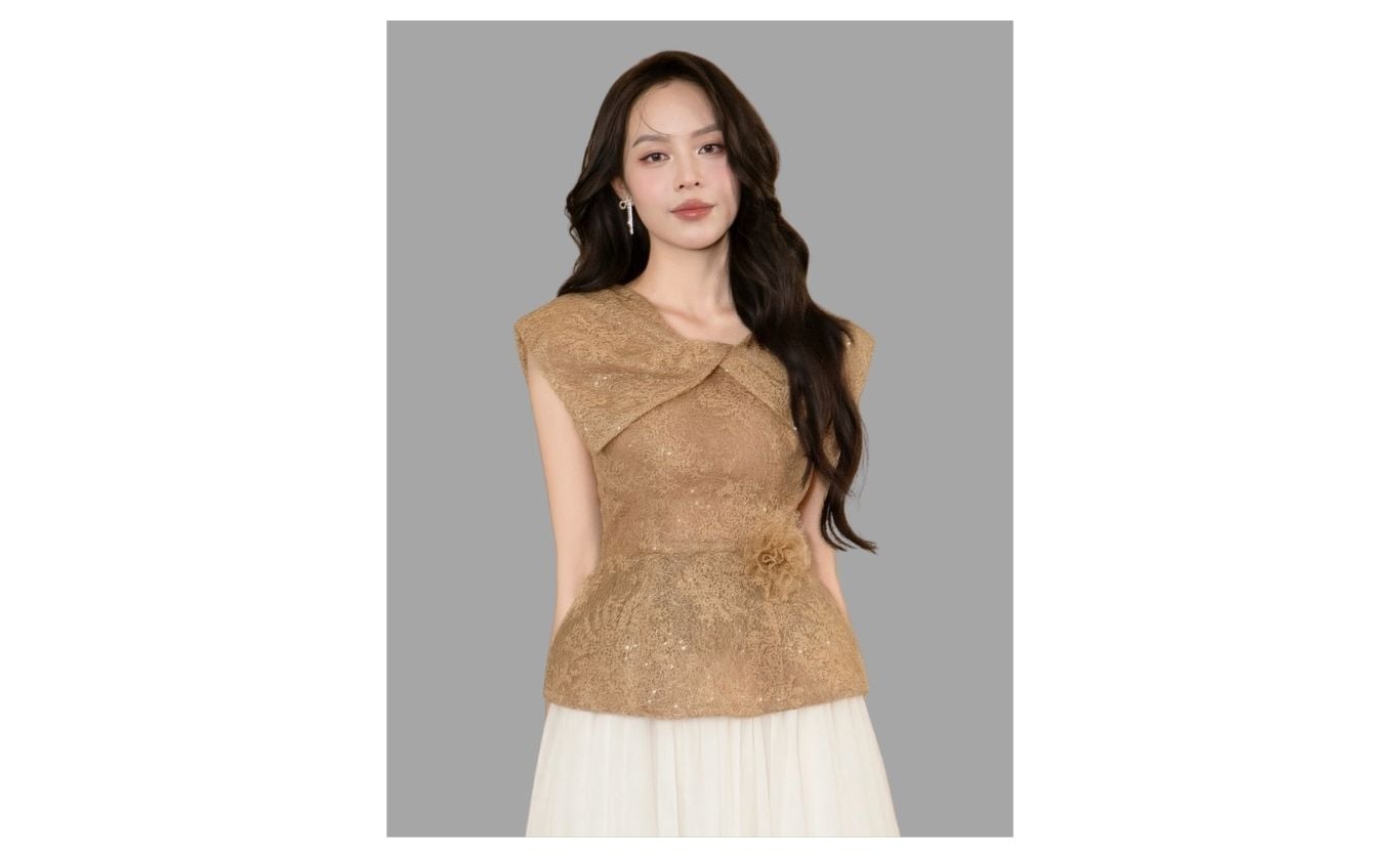 Áo Kiểu Tiệc Ren Kèm Tag Hoa 3D - AAK11B