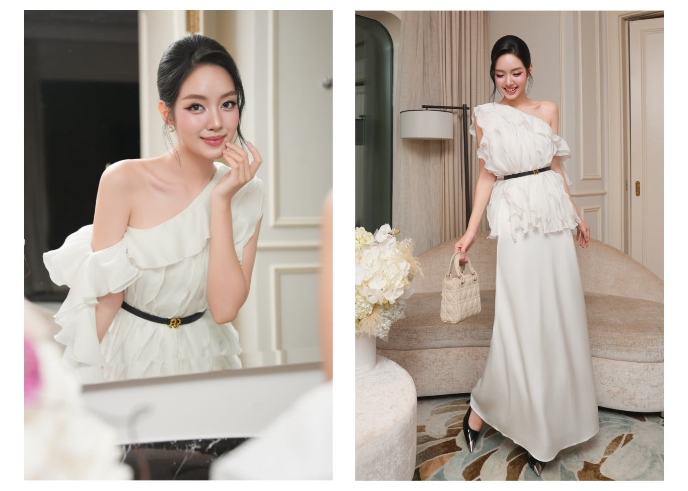 Áo kiểu tiệc voan trễ vai 1 bên A4555D - Ảnh lookbook