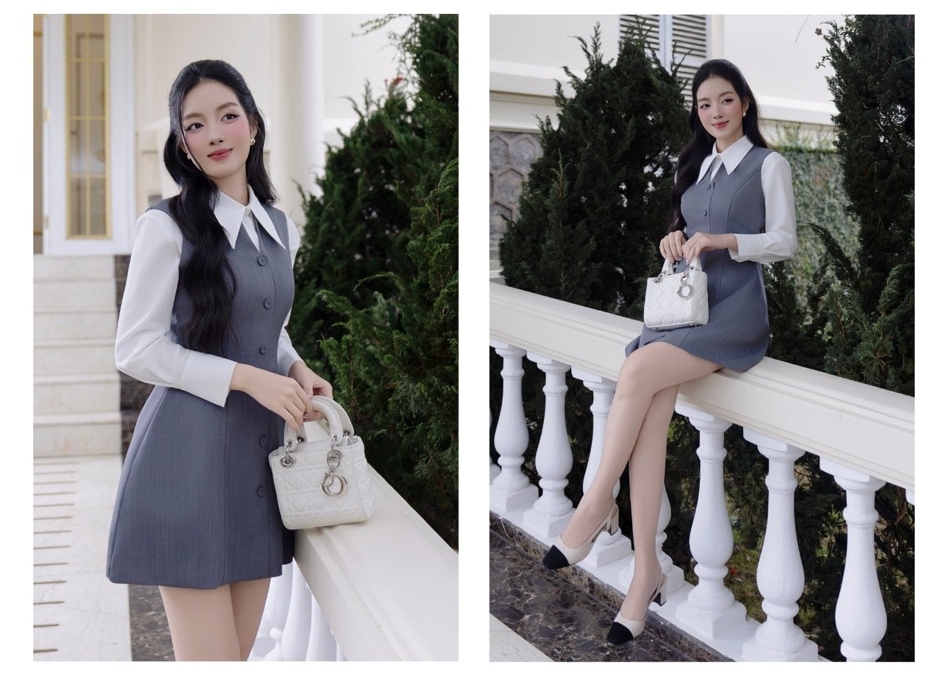 Đầm công sở ngắn cổ V kết nút bọc D4557T - Ảnh lookbook