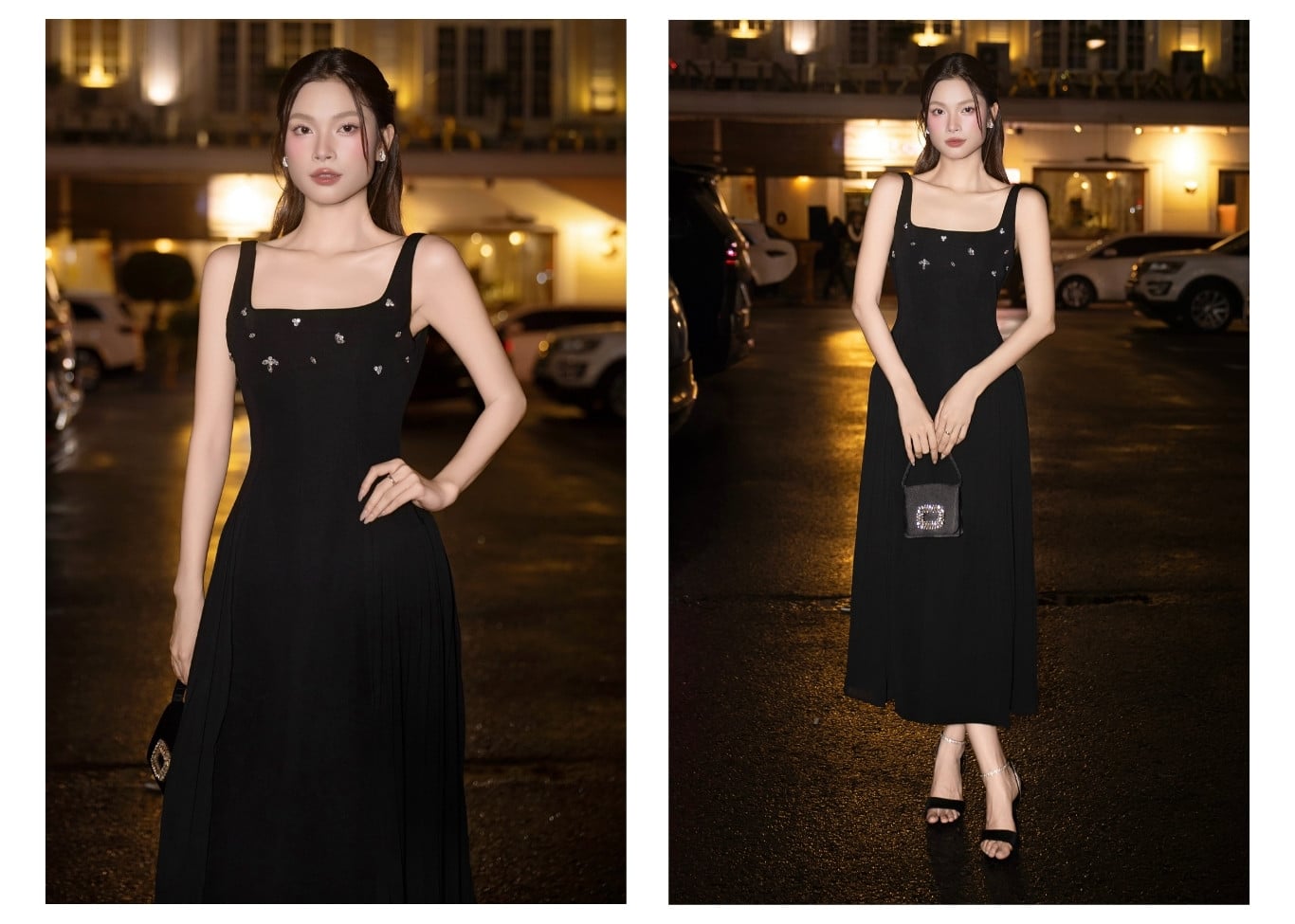 Đầm xòe tiệc dài 2 dây cổ vuông D4574T - Ảnh lookbook