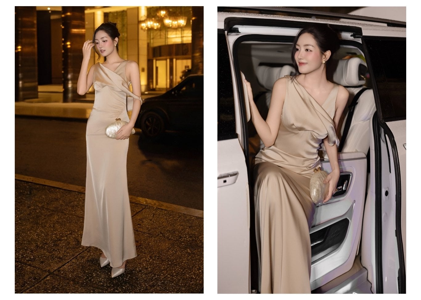 Đầm lụa tiệc dài 2 dây trễ vai D4570A - Ảnh lookbook