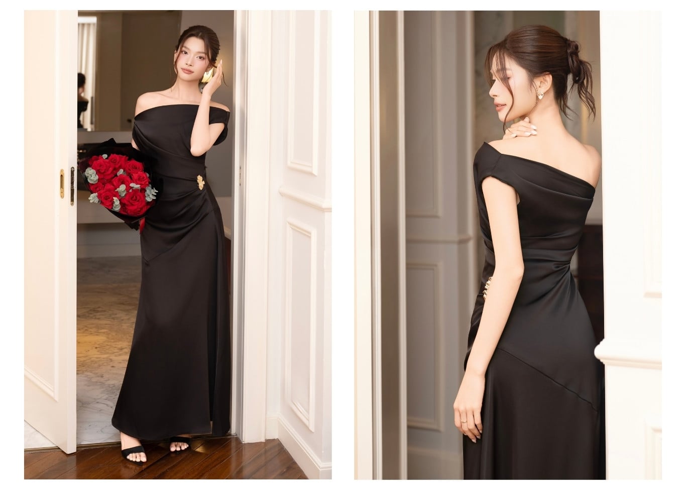 Đầm trễ vai tiệc lụa dài cổ đổ D4534B - Ảnh lookbook