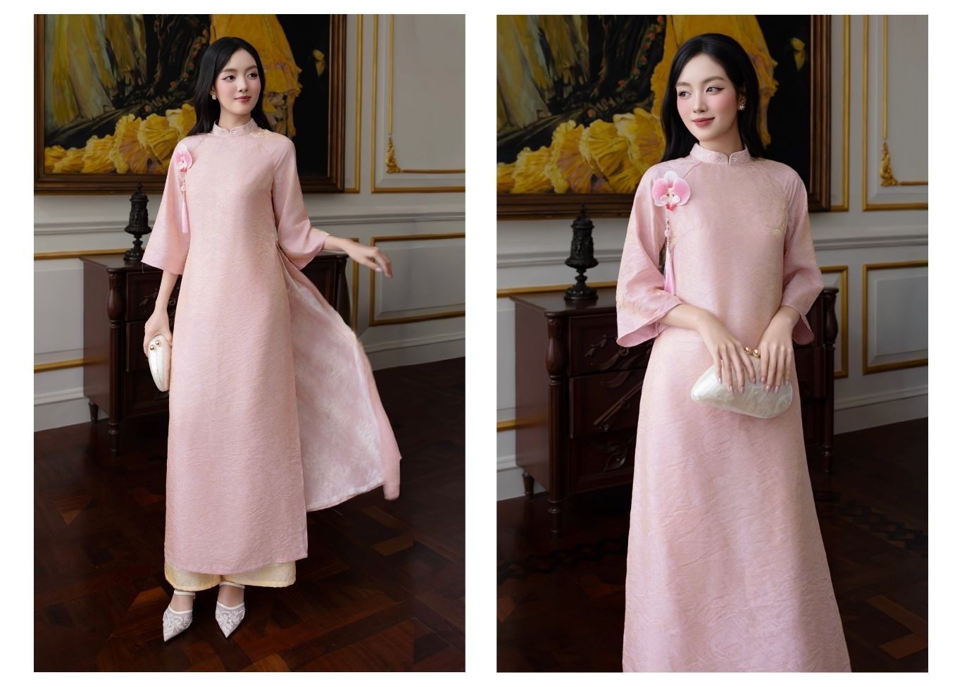 Set áo dài gấm 4 tà phối tà ren K4598V - Ảnh lookbook