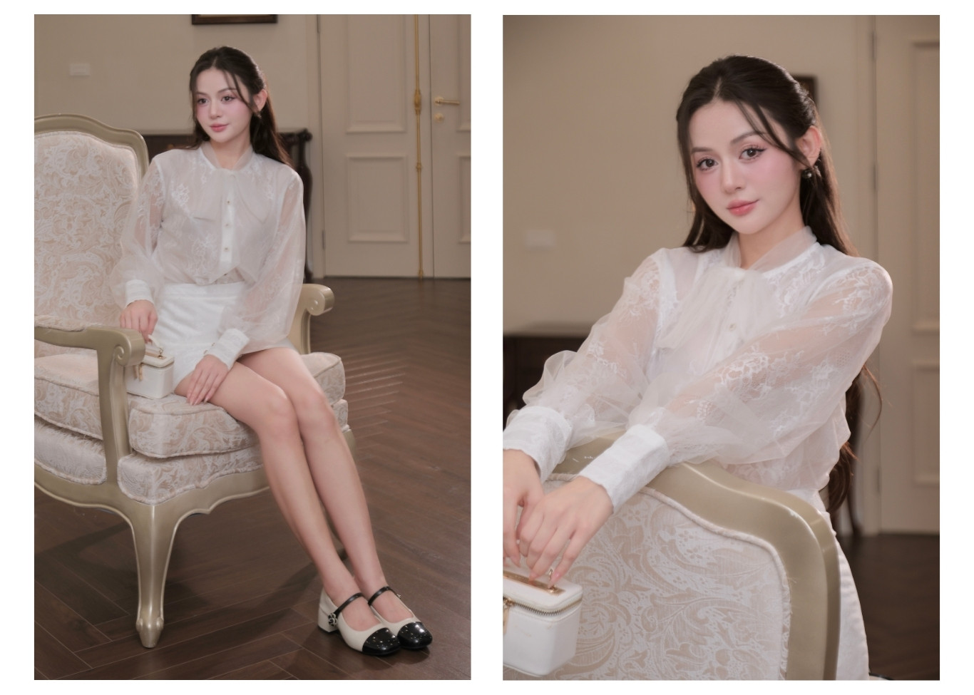 Set tiệc ren ngắn cổ nơ tay dài K4541T - Ảnh lookbook
