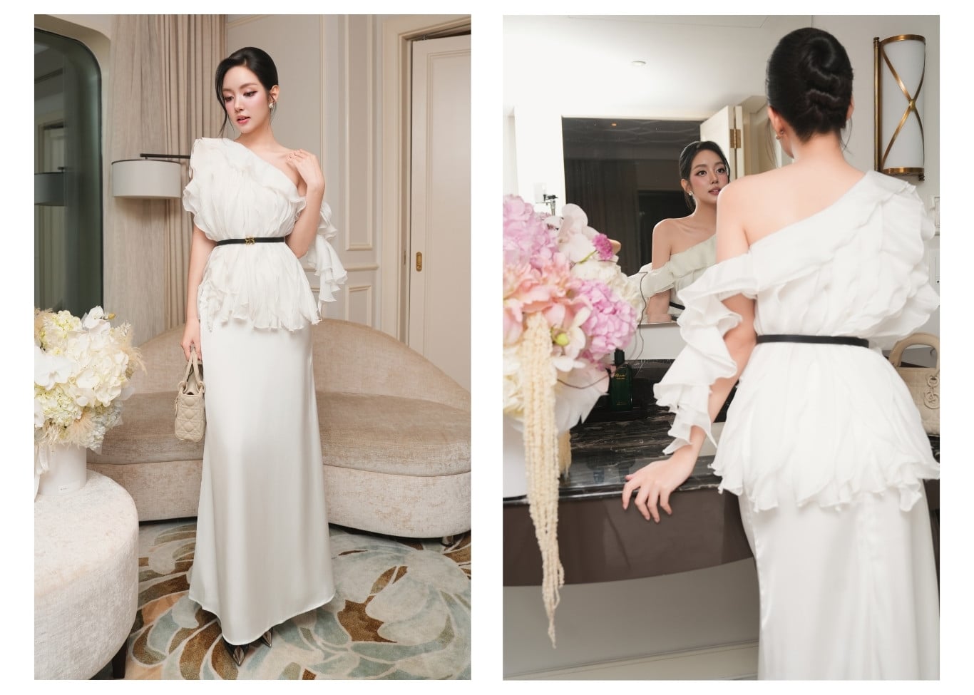 Áo kiểu tiệc voan trễ vai 1 bên A4555D - Ảnh lookbook