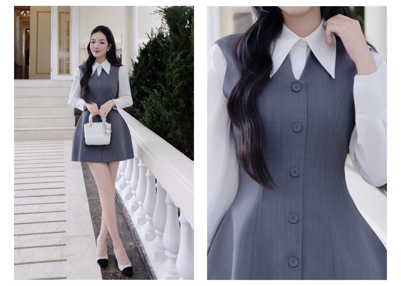 Đầm công sở ngắn cổ V kết nút bọc D4557T - Ảnh lookbook