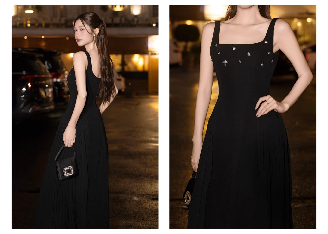 Đầm xòe tiệc dài 2 dây cổ vuông D4574T - Ảnh lookbook