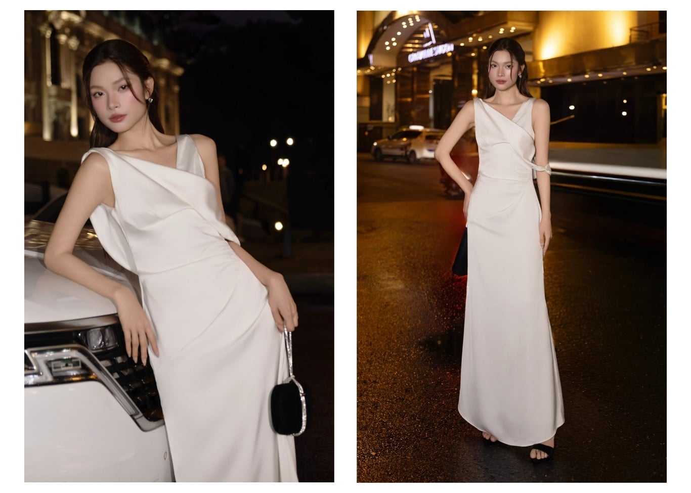 Đầm lụa tiệc dài 2 dây trễ vai D4570A - Ảnh lookbook