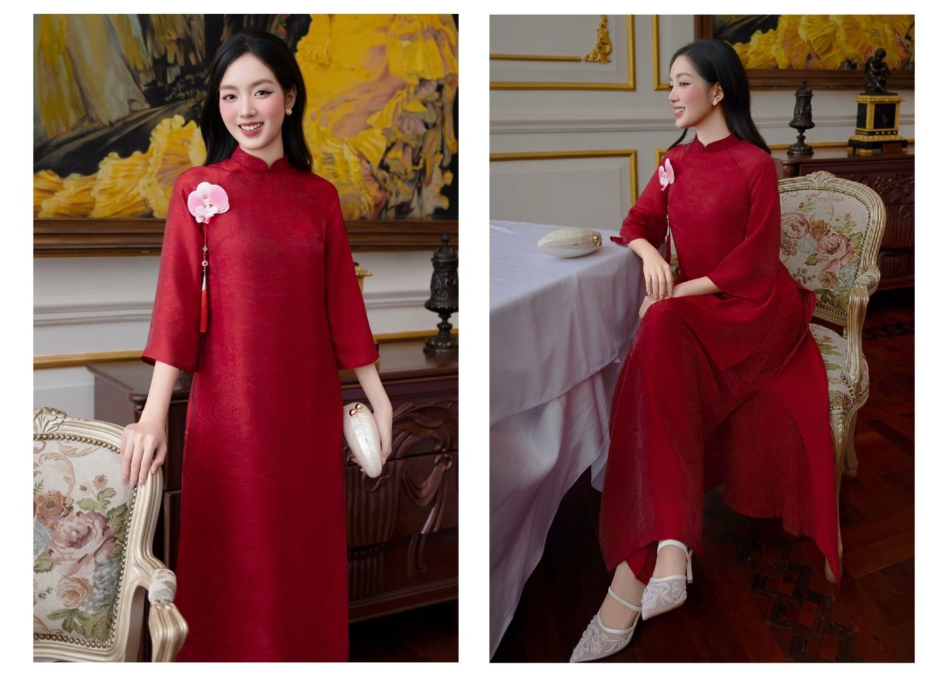 Set áo dài gấm 4 tà phối tà ren K4598V - Ảnh lookbook