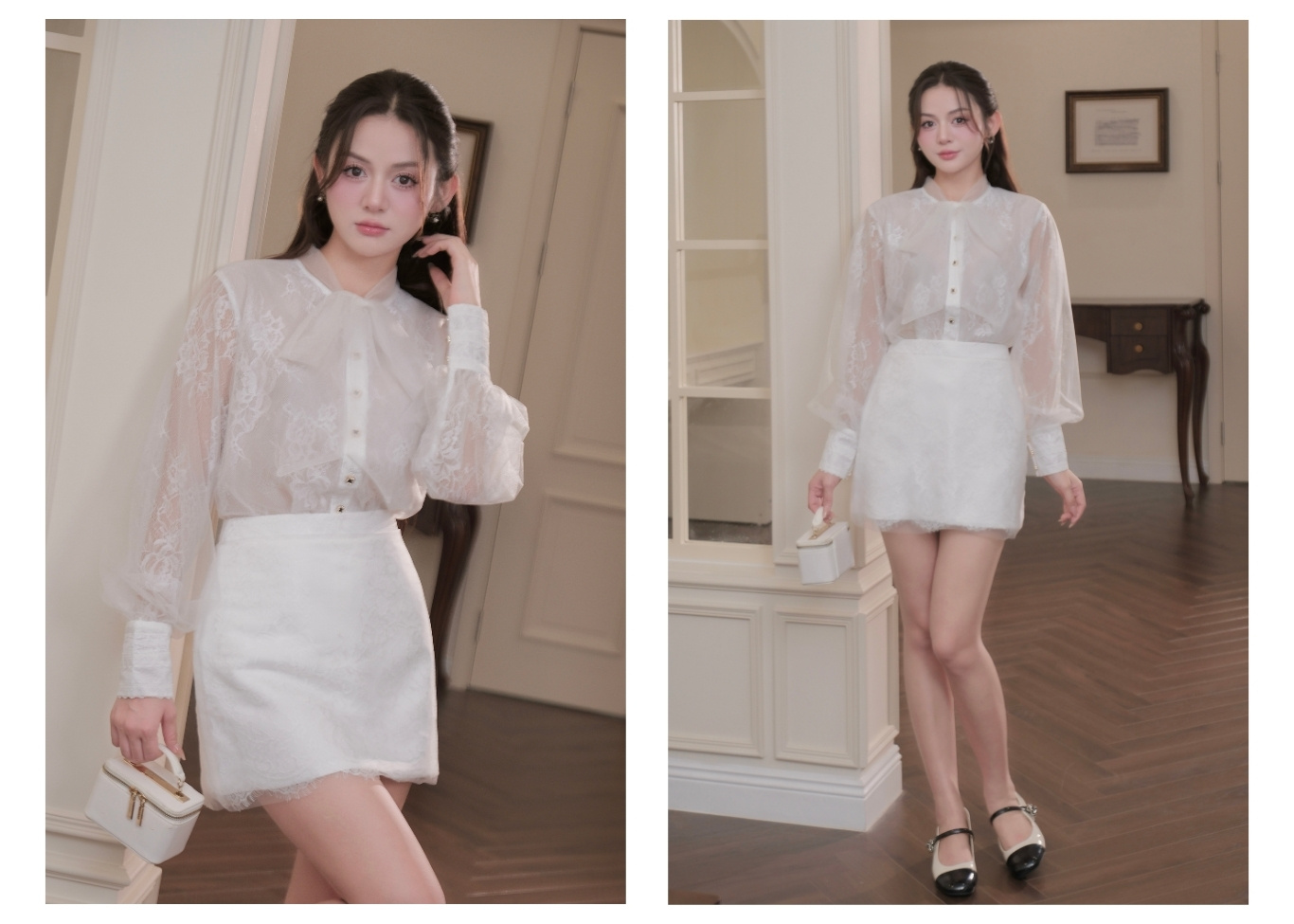 Set tiệc ren ngắn cổ nơ tay dài K4541T - Ảnh lookbook