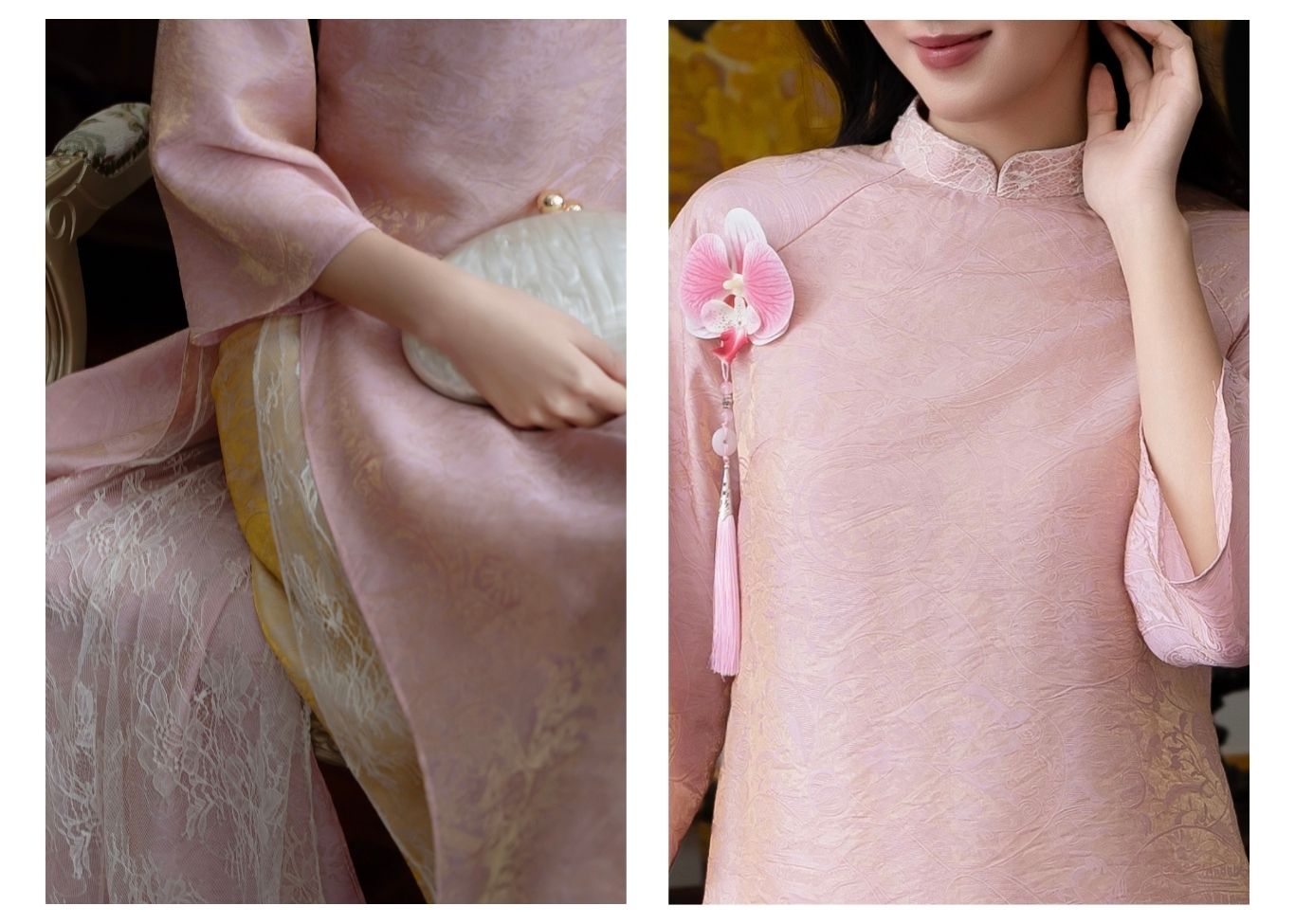 Set áo dài gấm 4 tà phối tà ren K4598V - Ảnh lookbook