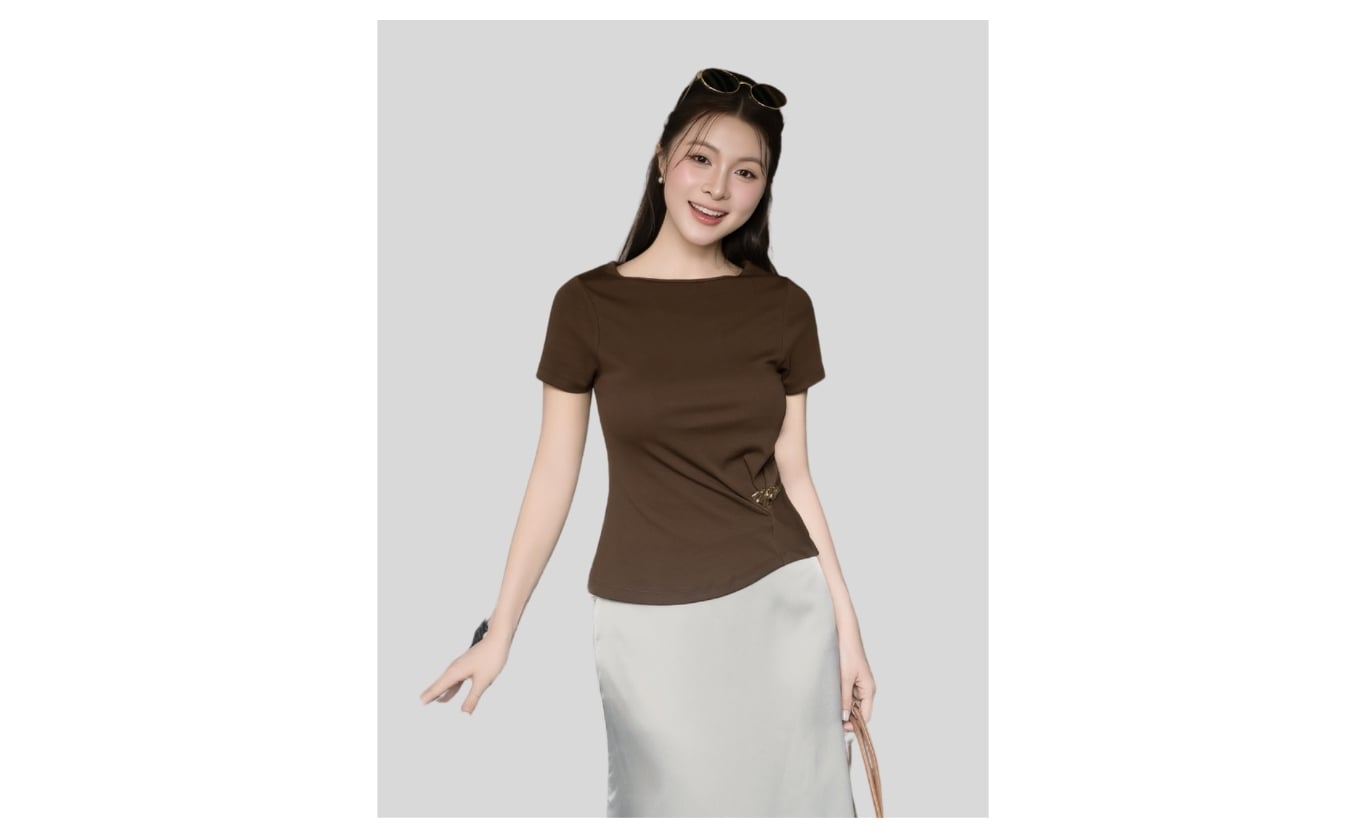 Áo kiểu dạo phố thun bozip, cổ thuyền, kèm tag kim loại AAF45H