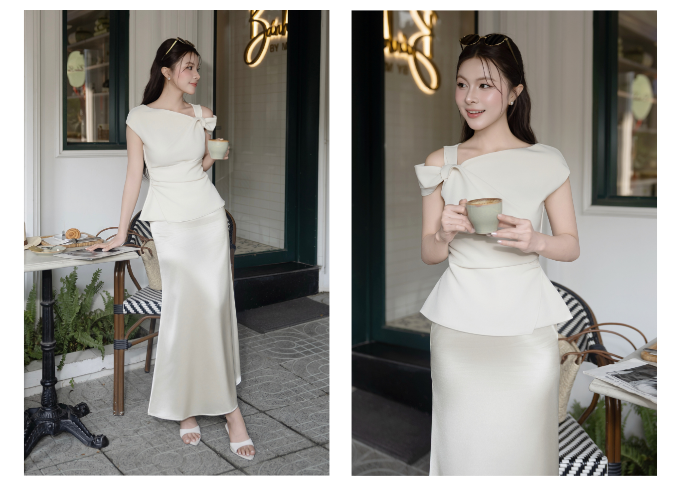 Áo kiểu dạo phố cotton, cổ xéo, trễ vai - AAF44T