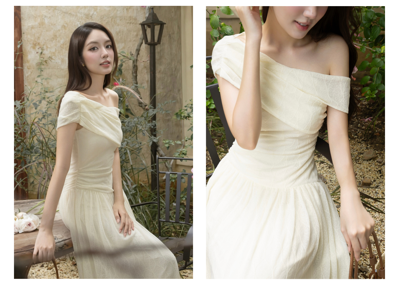 Đầm Tiệc Thun Ren Dài Cổ Xéo - DAG05T
