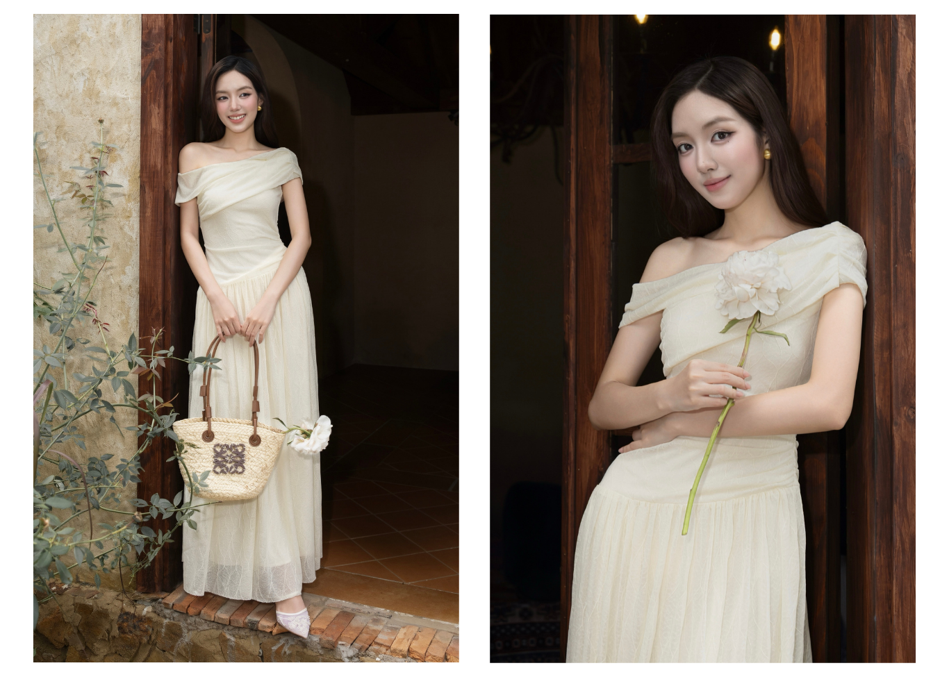 Đầm Tiệc Thun Ren Dài Cổ Xéo - DAG05T