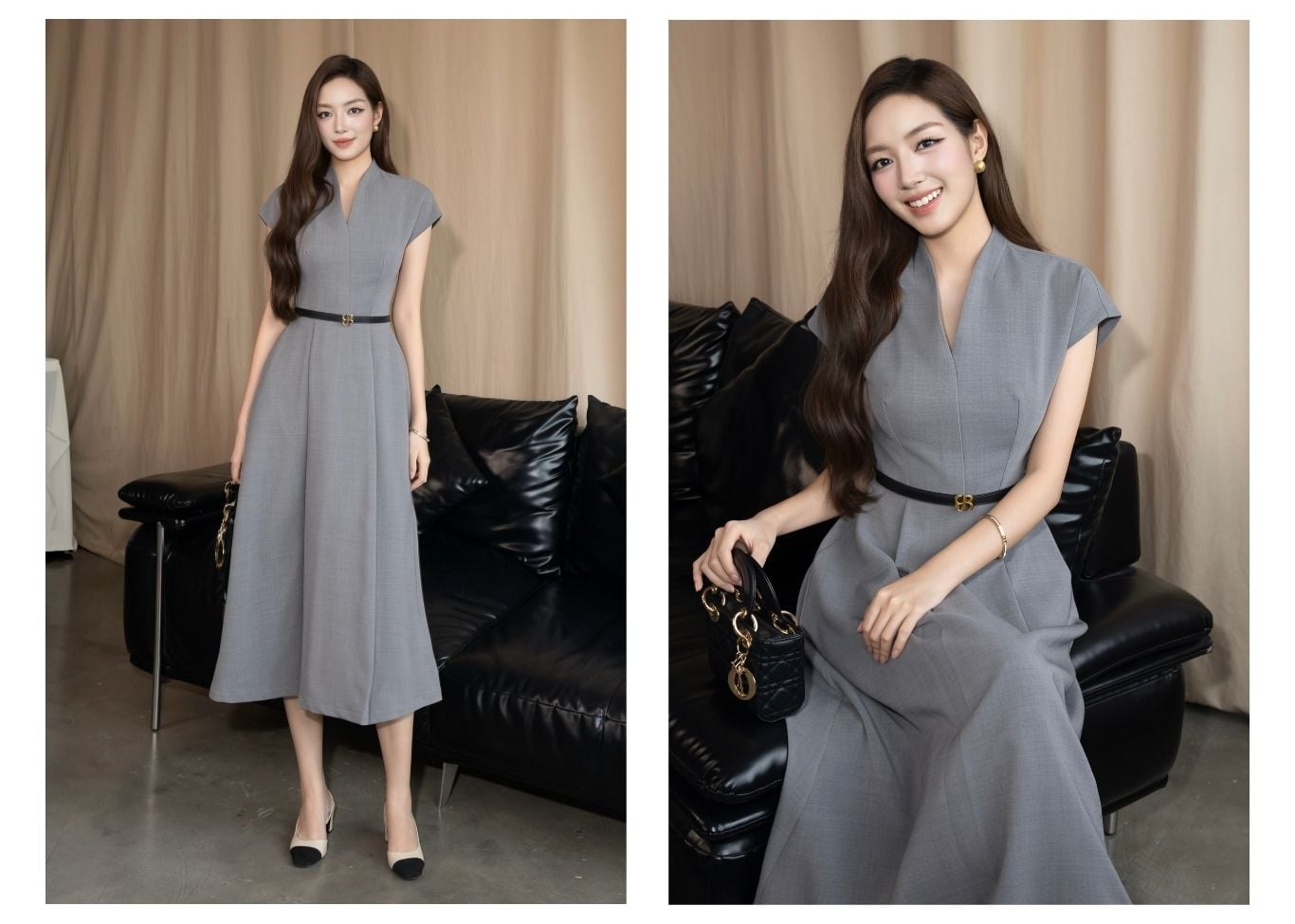 Đầm Xòe Công Sở Cotton Dài Cổ V - DAK23T