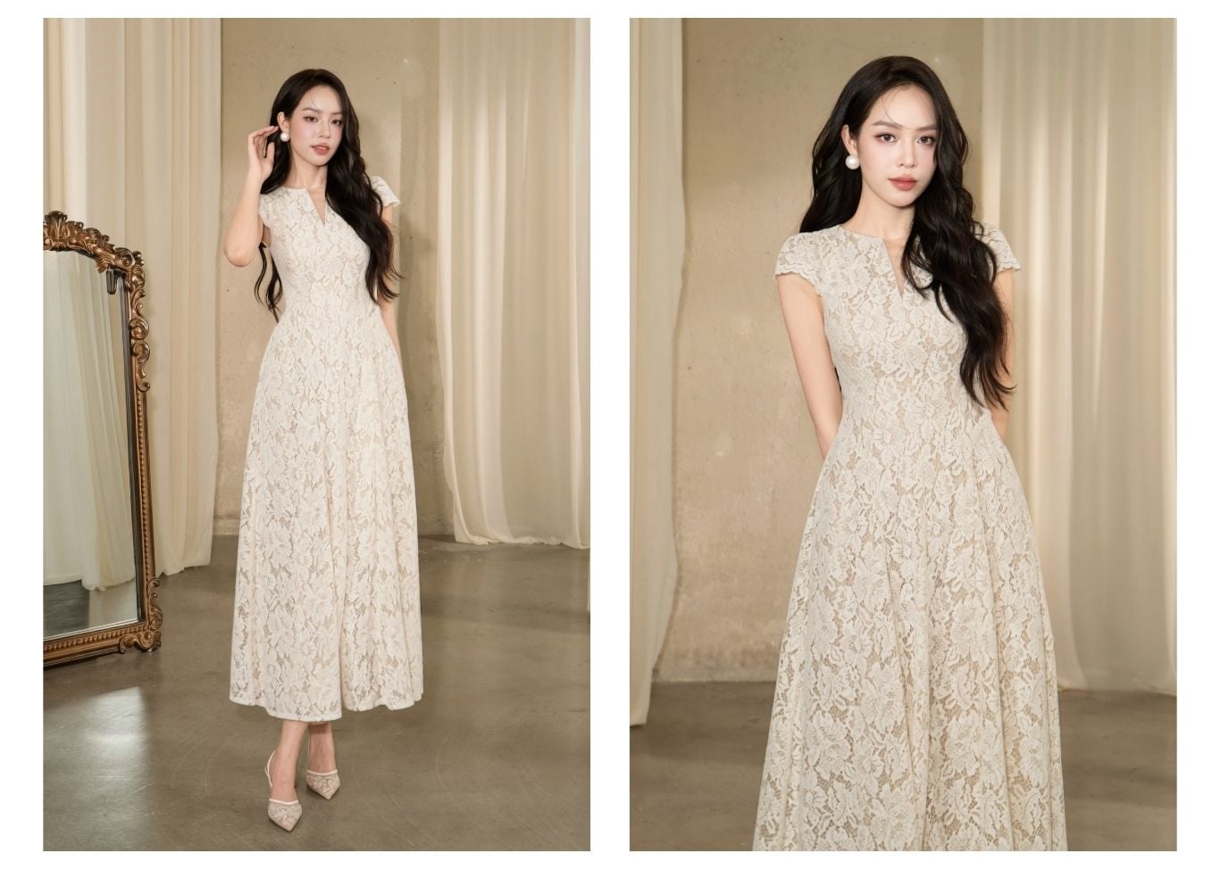 Đầm Xòe Tiệc Ren Dài Cổ Thuyền - DAK02B