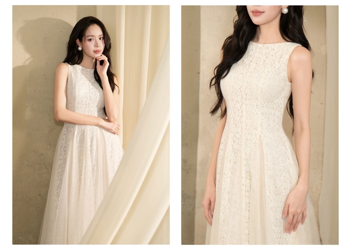 Đầm Xòe Tiệc Ren Dài Phối Lưới - DAK03B