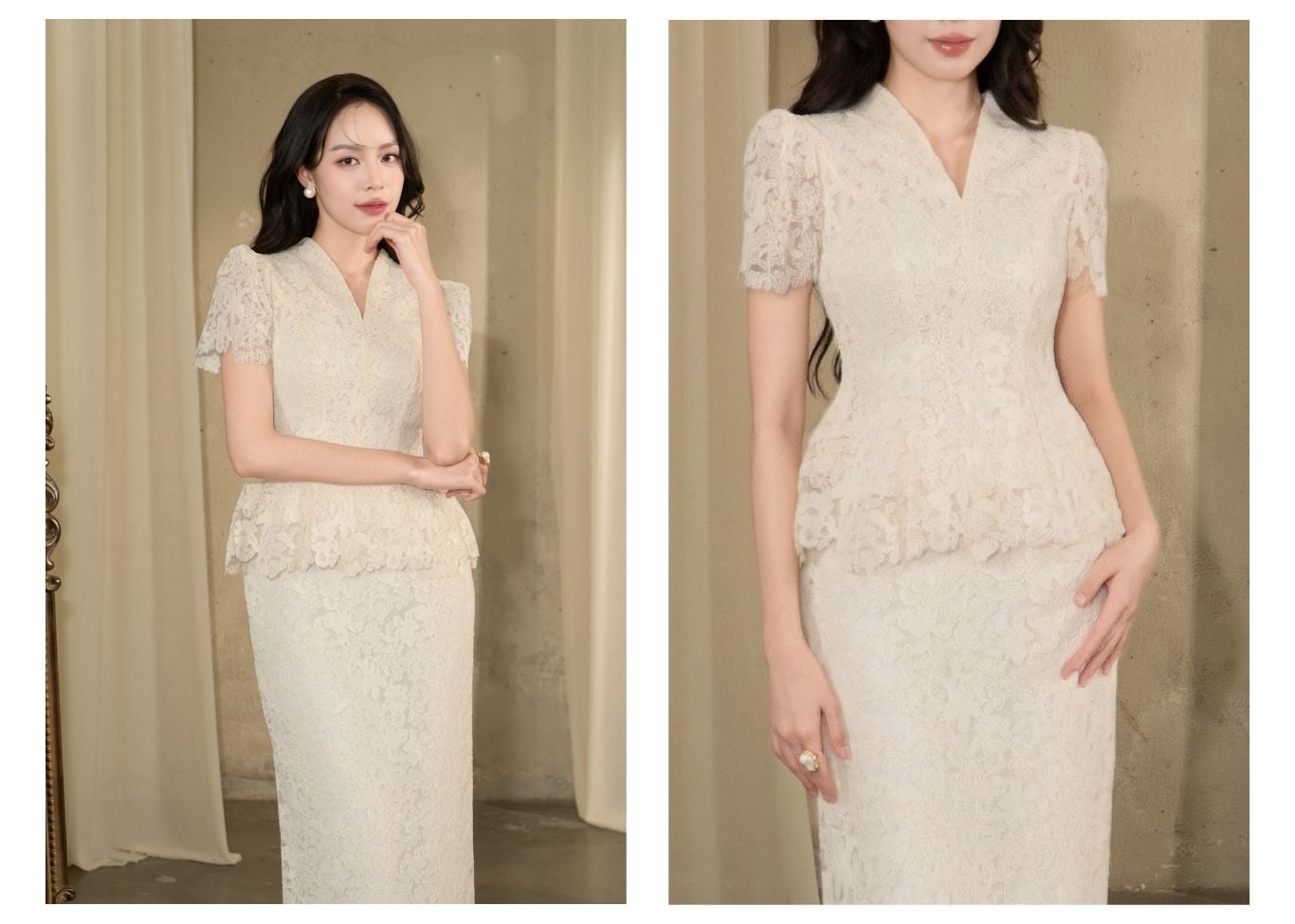 Set Tiệc Ren Dài Tay Ngắn Cổ V - KAK71V
