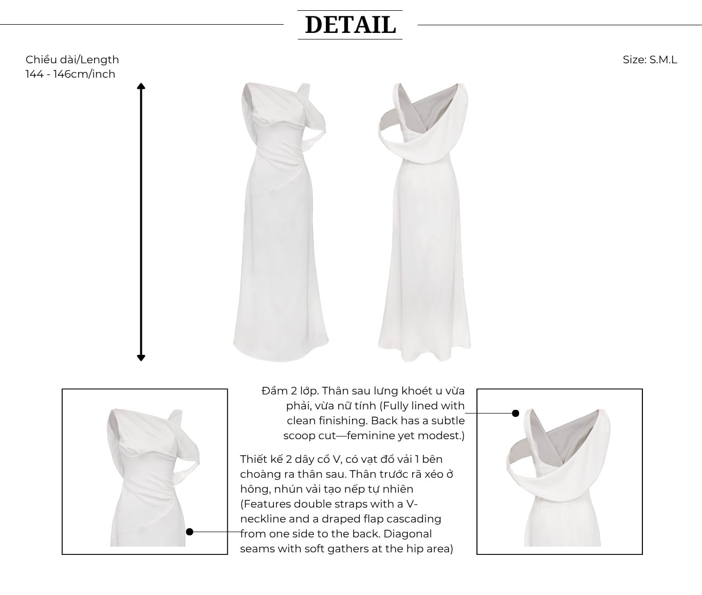 Đầm lụa tiệc dài 2 dây trễ vai D4570A - Thiết kế chi tiết