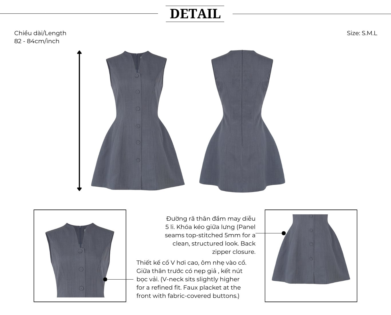 Đầm công sở ngắn cổ V kết nút bọc D4557T - Thiết kế chi tiết