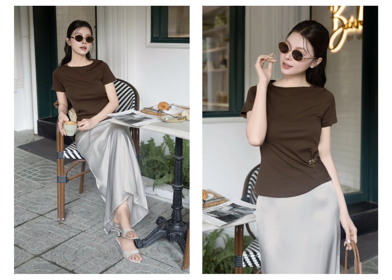 Áo kiểu dạo phố thun bozip, cổ thuyền, kèm tag kim loại AAF45H