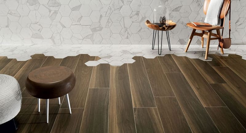 Gạch giả gỗ kết hợp với gạch lục giác