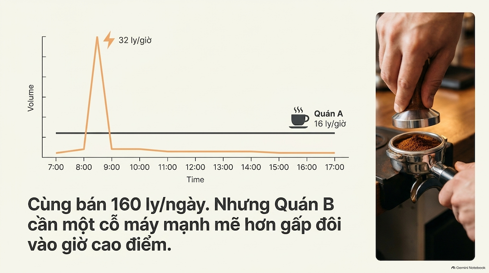Vì sao không nên chọn máy chỉ theo số ly mỗi ngày?