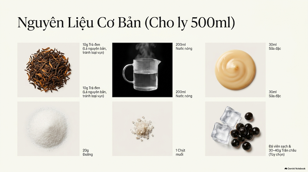 Nguyên Liệu Chuẩn Bị Cho 1 Ly Trà Sữa Truyền Thống 500ml