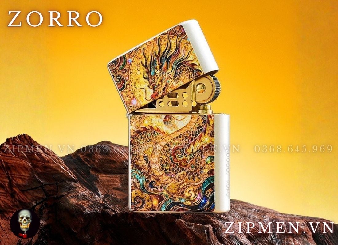 Bật lửa zorro chủ đề rồng phượng mạ bạc limited