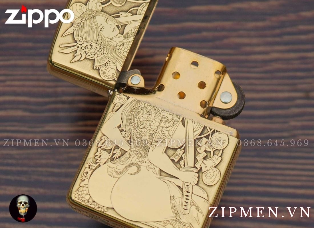 Zippo armor khắc nổi chủ đề cô gái Nhật Geisha cao cấp