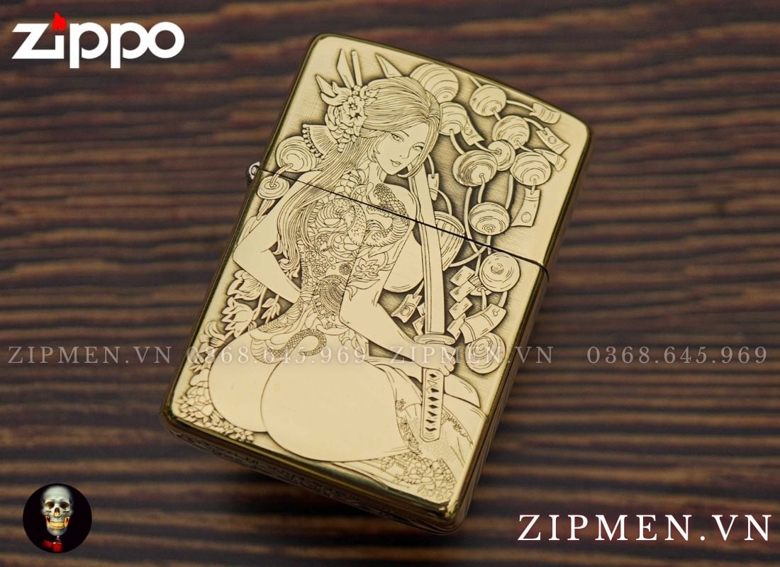 Zippo armor khắc nổi chủ đề cô gái Nhật Geisha cao cấp