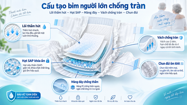 Cấu tạo bỉm người lớn với lõi thấm hút và vách chống tràn