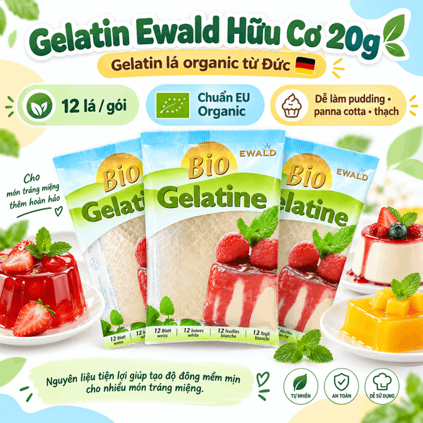 Gelatin Ewald Hữu Cơ 20g dạng lá organic từ Đức, gói 12 lá, dùng làm pudding panna cotta và thạch