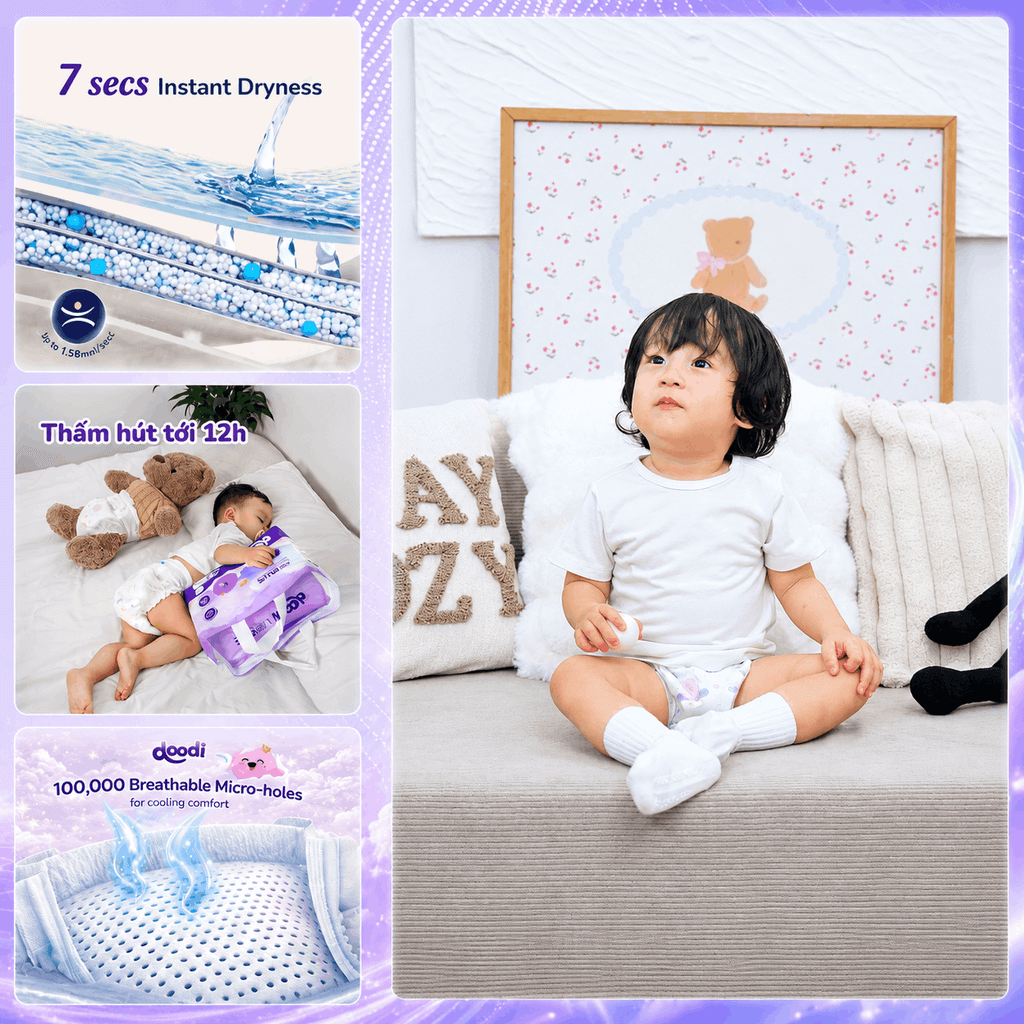 Công nghệ khóa ẩm tức thì giúp bề mặt tã luôn khô ráo