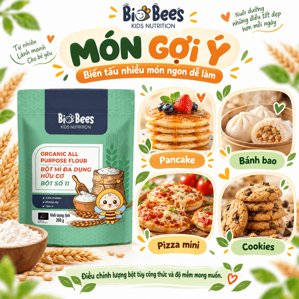 Món gợi ý từ bột mì BioBees hữu cơ số 11 gồm pancake, bánh bao, pizza mini và cookies