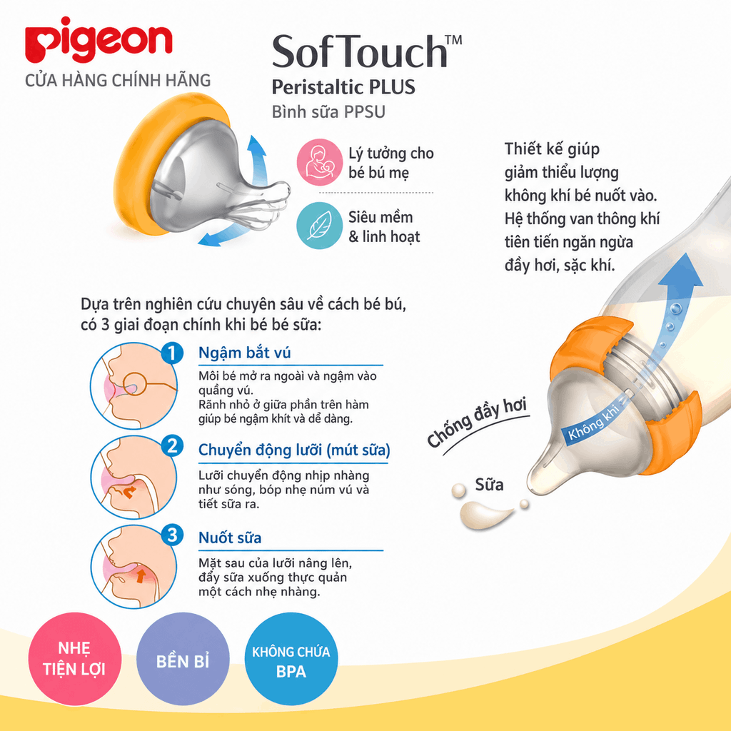 Bình sữa Pigeon Nội Địa Nhật Cơ Chế Hoạt Động