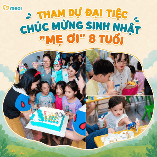 Nghi thức cắt bánh chúc mừng đại tiệc sinh nhật 8 tuổi hệ thống Mẹ Ơi