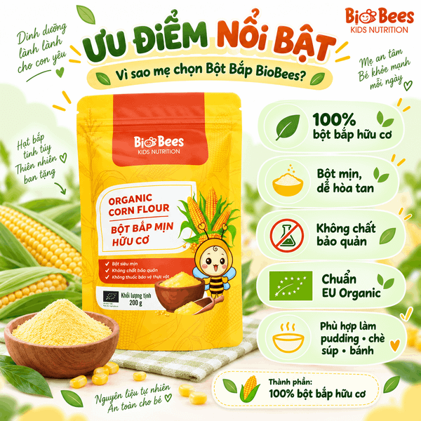 Ưu điểm Bột Bắp Mịn BioBees Hữu Cơ 200g gồm 100% bột bắp hữu cơ, bột mịn, không chất bảo quản và chuẩn EU Organic