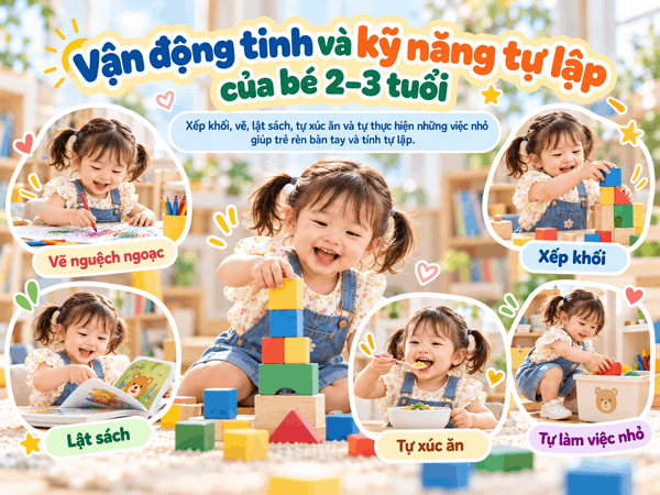 Vận động tinh và kỹ năng tự lập của bé 2–3 tuổi