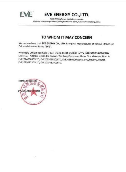 TFV Industries là đại lý/nhà phân phối được ủy quyền chính thức của EVE Enegy