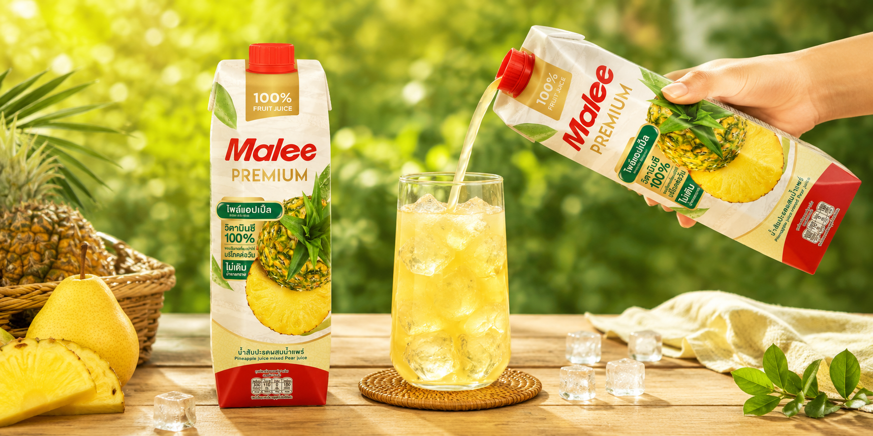 Nước Ép Hỗn Hợp Dứa Và Lê Malee Premium 1L | Malee Premium Pineapple Juice With Pear Juice 1L đang được rót ra ly