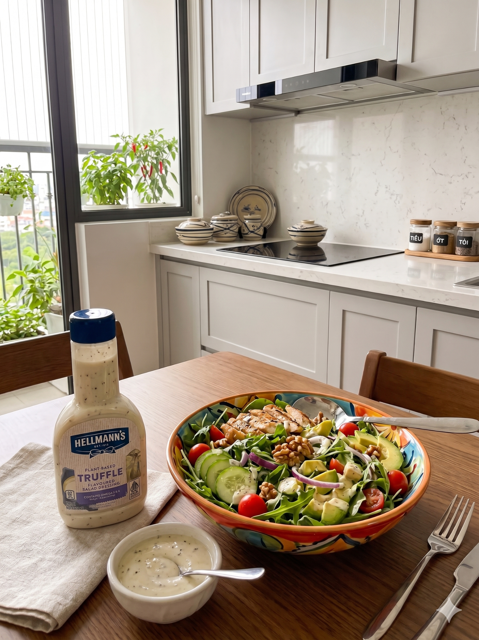 Xốt Salad Vị Nấm Truffle Hellmann's 250ml với món salad