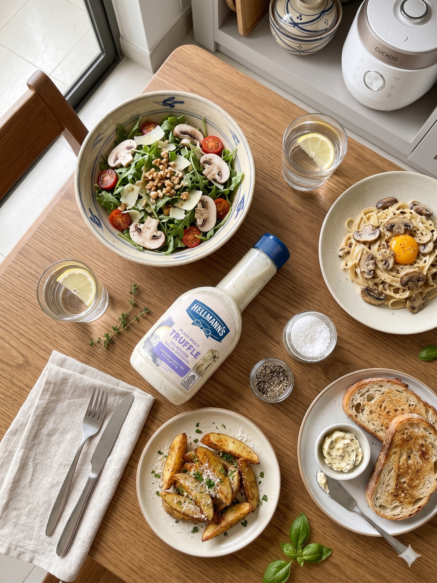 Xốt Salad Vị Nấm Truffle Hellmann's 250ml nằm trên bàn ăn với các món ăn xung quanh