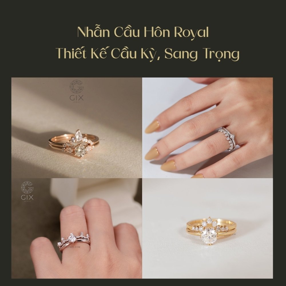 Nhẫn cầu hôn Royal với nhiều chi tiết đính đá, thiết kế cầu kỳ và sang trọng